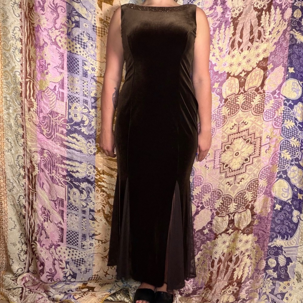 Brown Velvet Dark Romantic Beaded Mesh Mermaid Full Length Formal Dress Size M